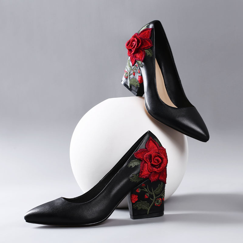 Embroidery Rose - Zapatos de tacón con bordado de