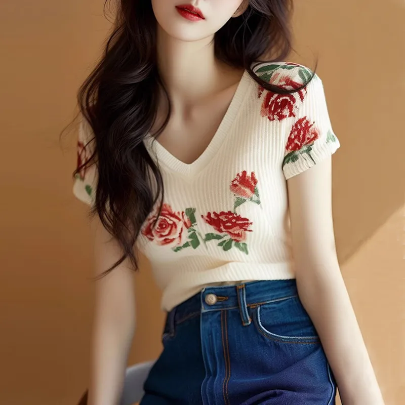 Blusa de Punto Beige para Muje - Embroidery Rose reseña y precio