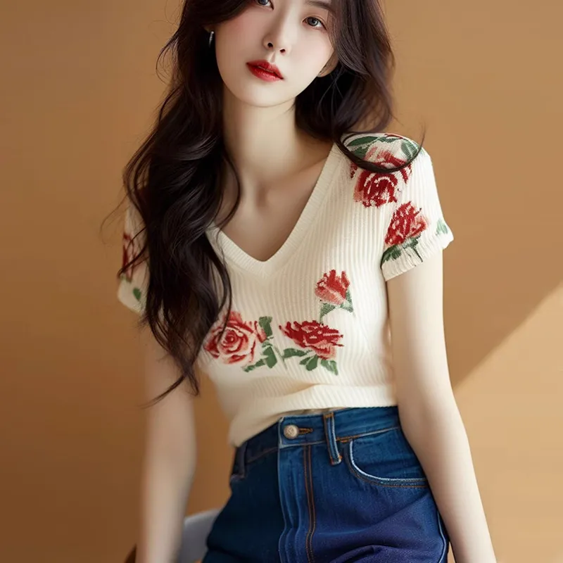 Blusa de Punto Beige para Muje - Embroidery Rose reseña y precio