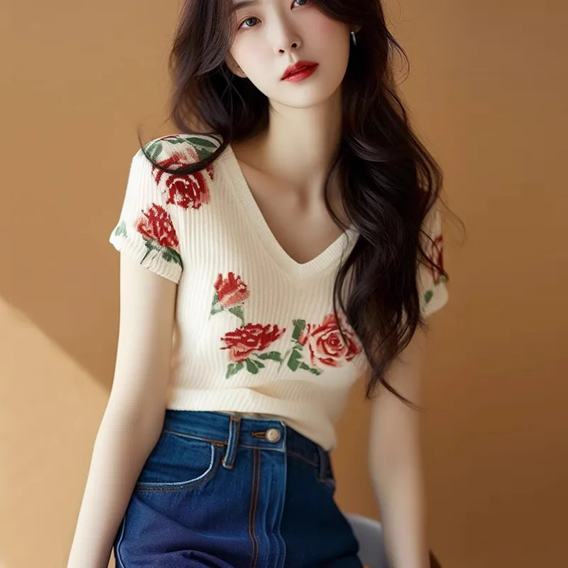 Blusa de Punto Beige para Muje - Embroidery Rose reseña y precio